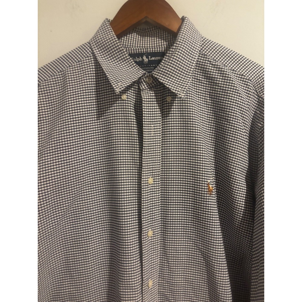 VTG Ralph Lauren Polo Men's Shirt Button‎ Up Blue 17 34/35 Gingham Long Sleeve